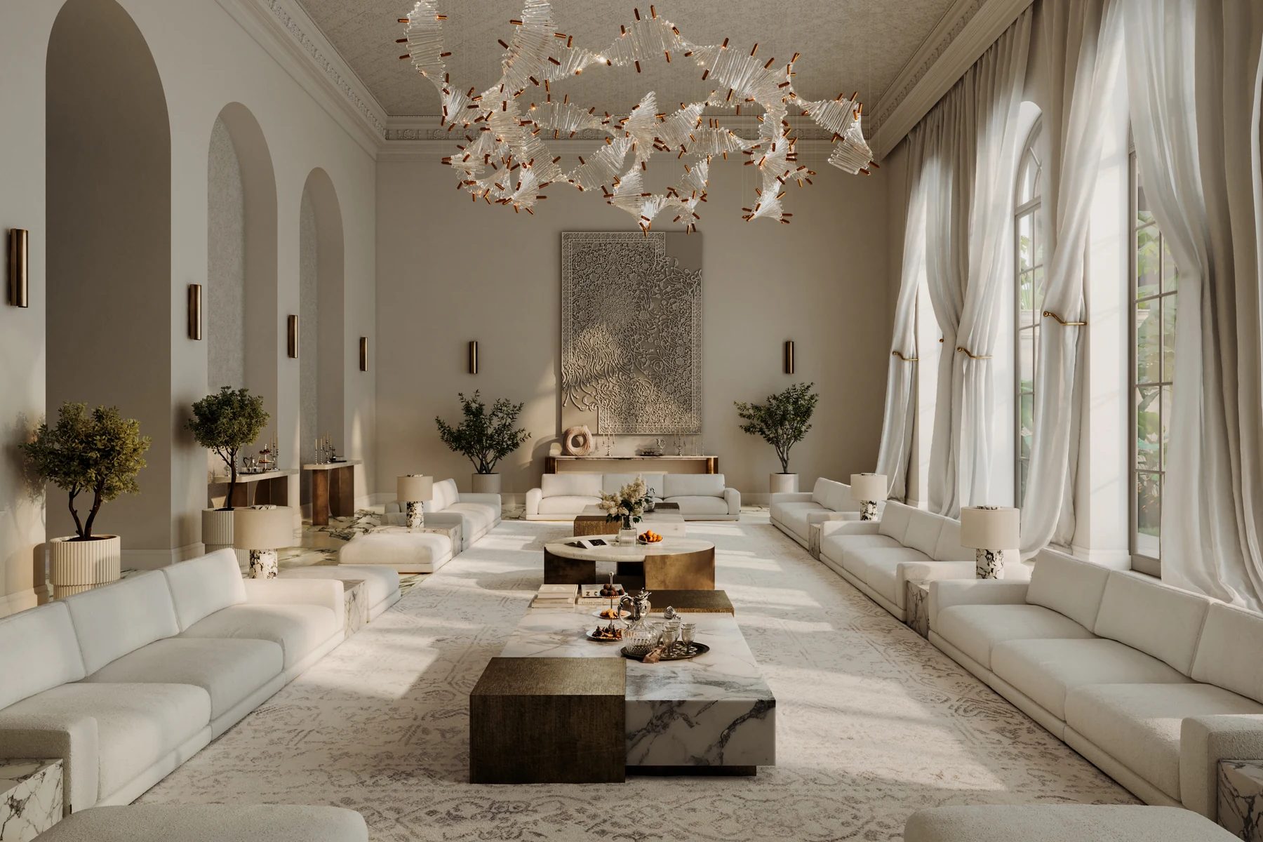 Mille majlis — Saudi luxury gathering room with chandelier and marble